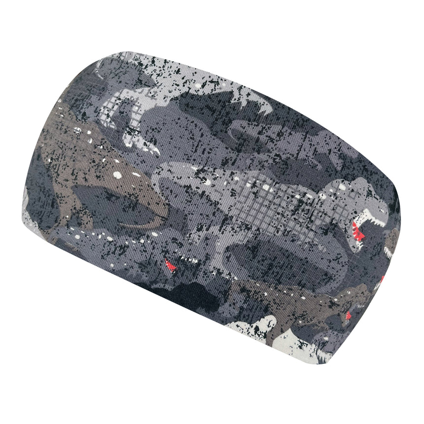 Wollhuhn Elastisches Öko Stirnband / Haarband Jersey Zweilagig Breit Dino Camouflage Grau zeigt ein dehnbares Stirnband mit Dinosaurier-Silhouetten-Muster, ideal für Sport und Alltag.