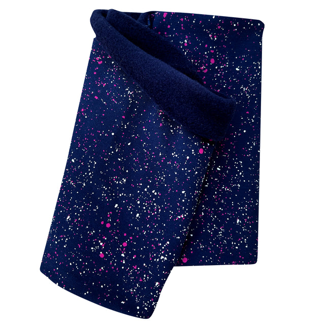 Wollhuhn Halstuch / Schlupfschal / Loop WARM, Innen Fleece, mit pinken Sprenkeln auf blauem Stoff, handgefertigt für kalte Tage, bequem und dehnbar.