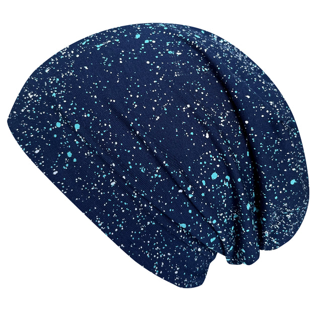 Wollhuhn Öko Long Beanie, Wendemütze, zweilagig, blau mit weißen Sprenkeln. Weich, dehnbar, ideal für Kinder. Handgefertigt in Deutschland, ganzjährig tragbar.
