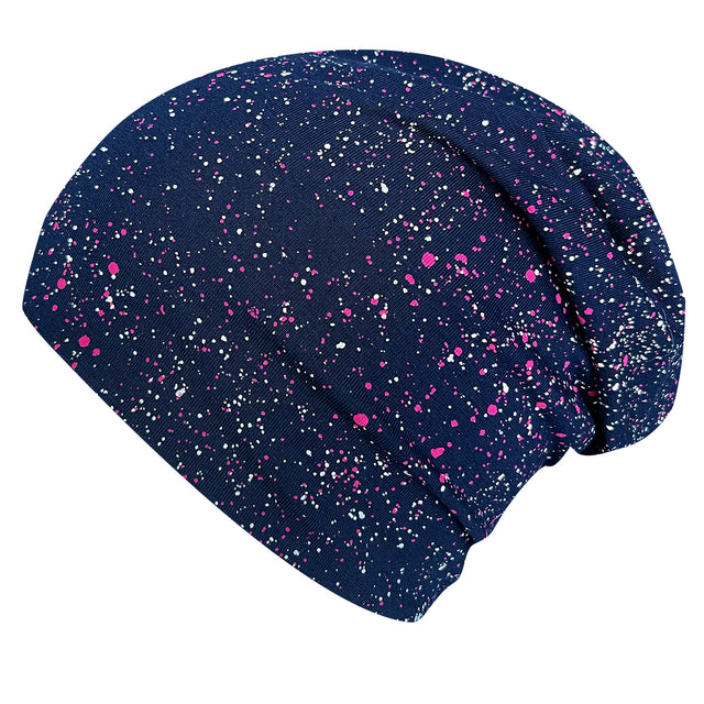 Wollhuhn Öko Long Beanie/Wendemütze, zweilagig, mit blauen und pinken Sprenkeln, aus weichem Baumwolljersey, handgefertigt in Deutschland, bequem und formbeständig.