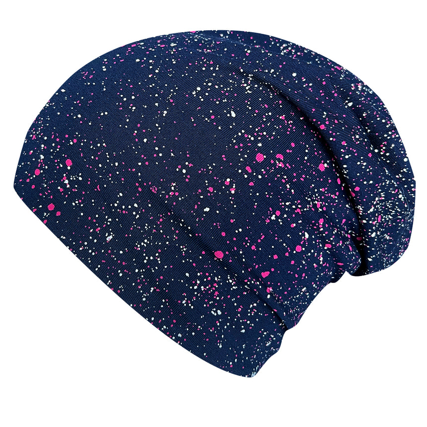 Wollhuhn Öko Long Beanie/Wendemütze, zweilagig, mit blauen und pinken Sprenkeln, aus weichem Baumwolljersey, handgefertigt in Deutschland, bequem und formbeständig.