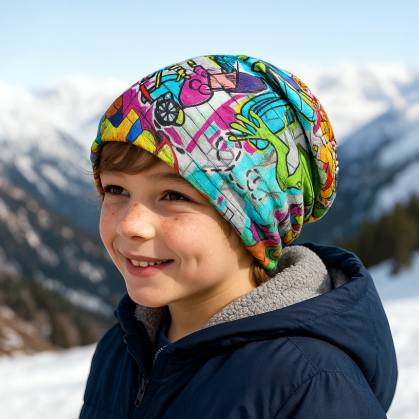 Junge trägt Wollhuhn Öko Long Beanie mit Streetart/Graffiti-Muster, lächelt in verschneiter Berglandschaft. Zweilagig, wendbar, handgefertigt, ideal für ganzjähriges Tragen.