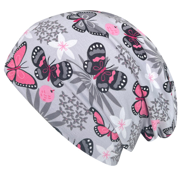 Wollhuhn Öko Long Beanie / Wendemütze: Zweilagige, graue und rosa Mütze mit Schmetterling-Muster. Ideal für Kinder, bequem und ganzjährig tragbar.