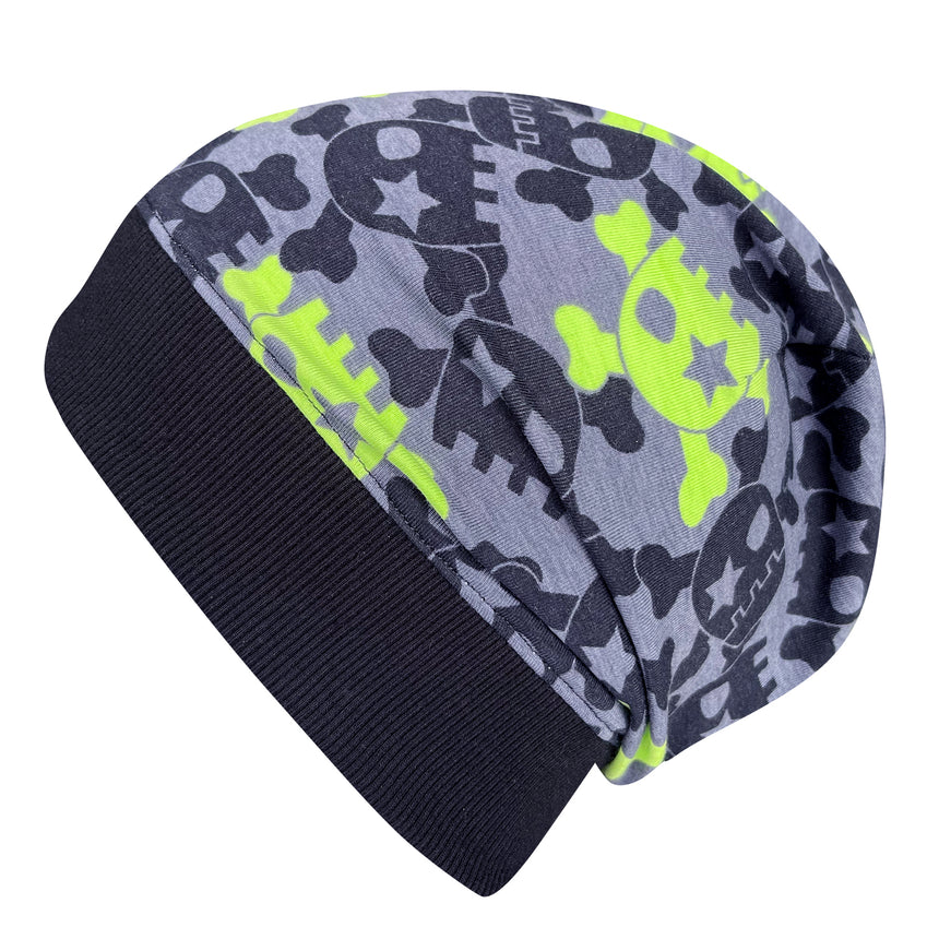 Wollhuhn Dünne Öko Beanie-Mütze Sommer/Übergang Einlagig mit coolen Totenköpfen in Grau/Lime. Handgemacht, weich und dehnbar für Kinder, ideal für Übergangszeiten.