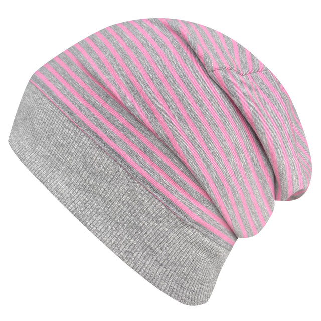 Wollhuhn Dünne Öko Beanie-Mütze: Handgefertigte, dehnbare Beanie aus rosa-grau gestreiftem Öko-Jersey, ideal für Übergangswetter und unter Helmen tragbar.