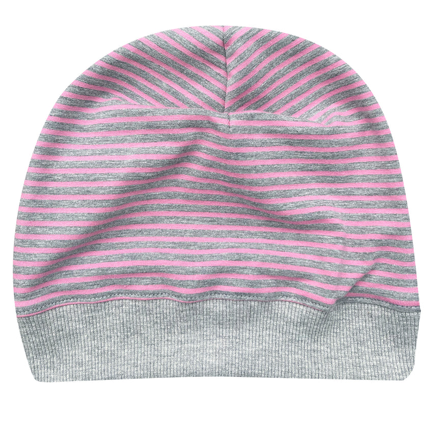 Wollhuhn Dünne Öko Beanie-Mütze: Handgemachte, elastische Jersey-Beanie mit grauen und rosa Streifen, ideal für Übergangszeiten, bequem und atmungsaktiv für Kinder.