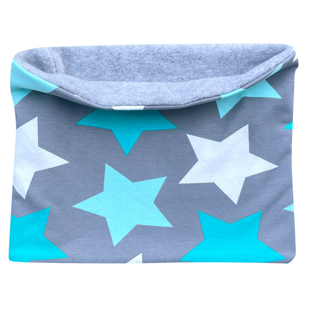Wollhuhn Halstuch / Schlupfschal / Loop WARM, Innen Fleece, mit großen Sternen auf grauem/mintfarbenem Stoff, handgefertigt, weich und wendbar, für Kinder und Erwachsene.