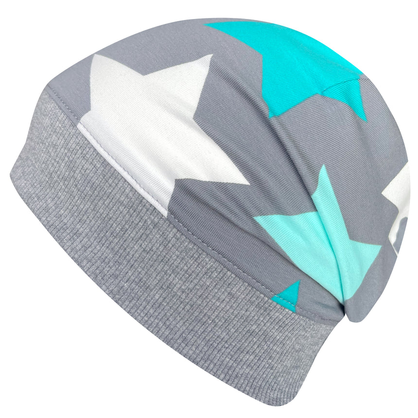 Wollhuhn Dünne Öko Beanie-Mütze Sommer/Übergang Einlagig Big Stars Sterne Grau/Mint, handgemachte Beanie mit Sternmuster, ideal für kühle Tage, dehnbar und angenehm zu tragen.