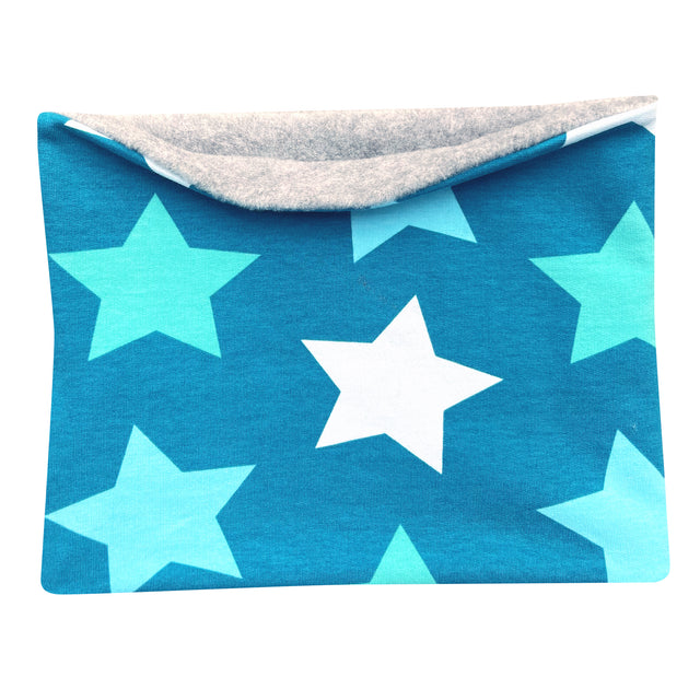 Wollhuhn Halstuch / Schlupfschal / Loop WARM, Innen Fleece, Big Stars Sterne Petrol, weiches, handgemachtes Accessoire mit Sternenmuster und kuscheligem Fleecefutter für kalte Tage.