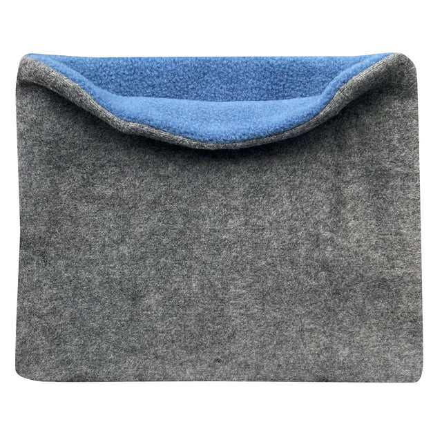 Wollhuhn WINTER Halstuch/Schlupfschal „Unser Wärmster“, doppellagiger Fleece in Anthrazit/Jeansblau, handgemacht für Kinder und Erwachsene, kuschelig und wendbar.