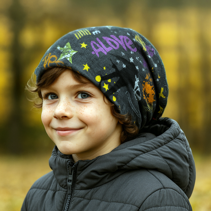 Kind im Wald trägt Wollhuhn Öko Long Beanie, zweilagig und wendbar, mit bunten Grafiken und „ALIVE“ Schriftzug. Ideale Herbstmütze, handgemacht, bequem.