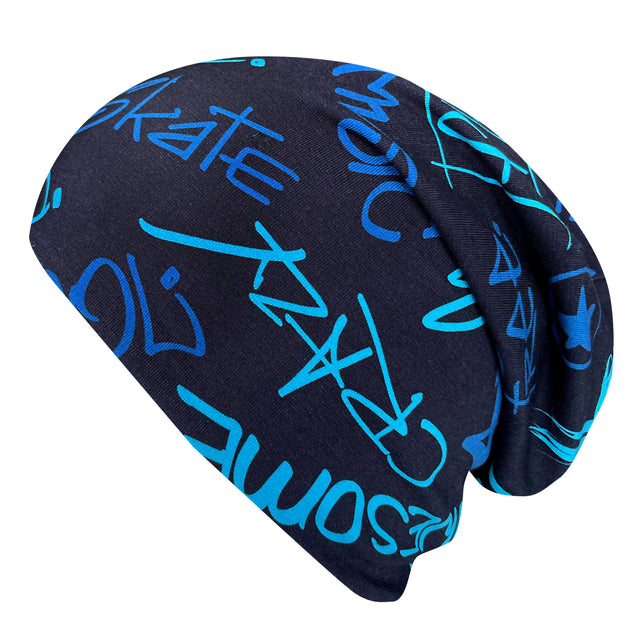 Wollhuhn Öko Long Beanie: Schwarze Wendemütze mit blauer Schrift, zweilagig aus weichem Baumwolljersey, ideal für Kinder und Jugendliche, ganzjährig tragbar.