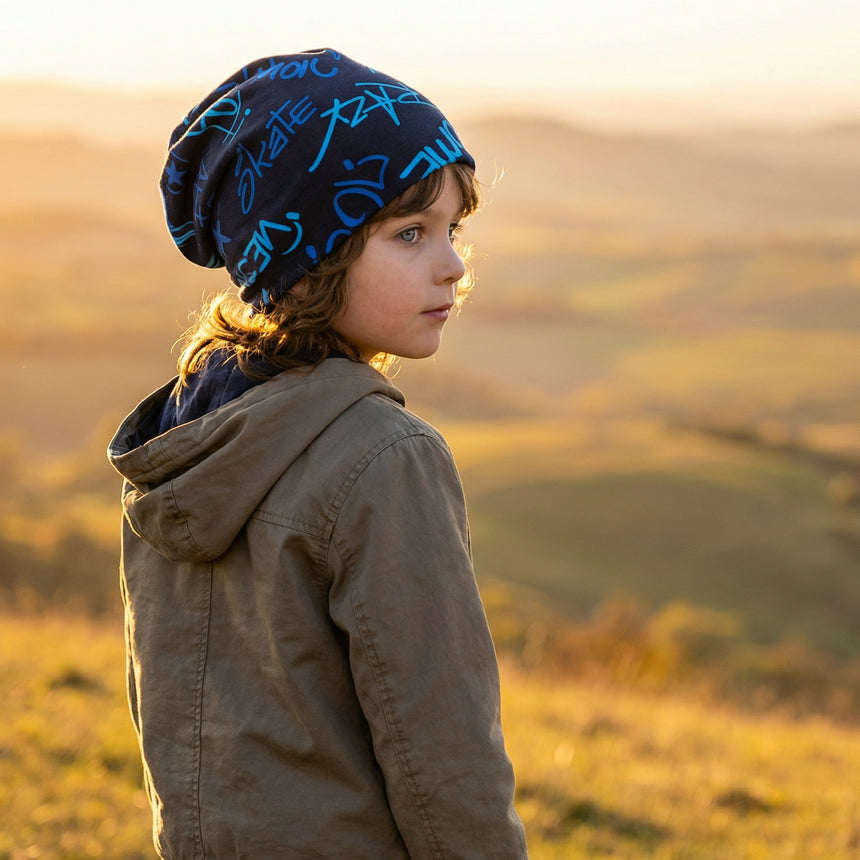 Ein Kind trägt die Wollhuhn Öko Long Beanie mit graffitiartigem Schriftzug, blickt über eine Hügel-Landschaft bei Sonnenuntergang. Mütze aus weichem, doppellagigem Jersey.