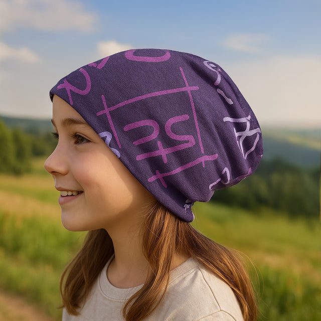 Mädchen trägt Wollhuhn Öko Long Beanie, zweilagig und bequem, ideal für Übergang und Winter. Handgefertigt in Deutschland, für angenehmen, lockeren Sitz.