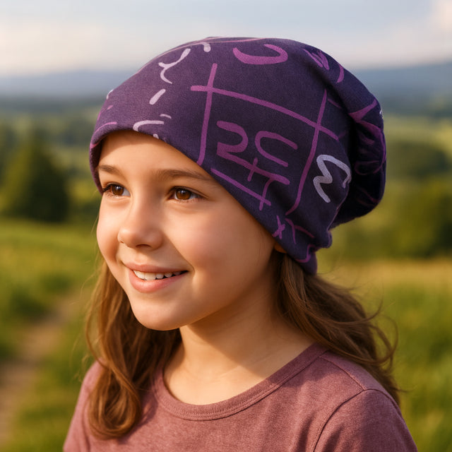 Mädchen trägt Wollhuhn Öko Long Beanie / Wendemütze, zweilagig, aus weichem Baumwolljersey, ideal für ganzjähriges Tragen, handgefertigt in Deutschland.