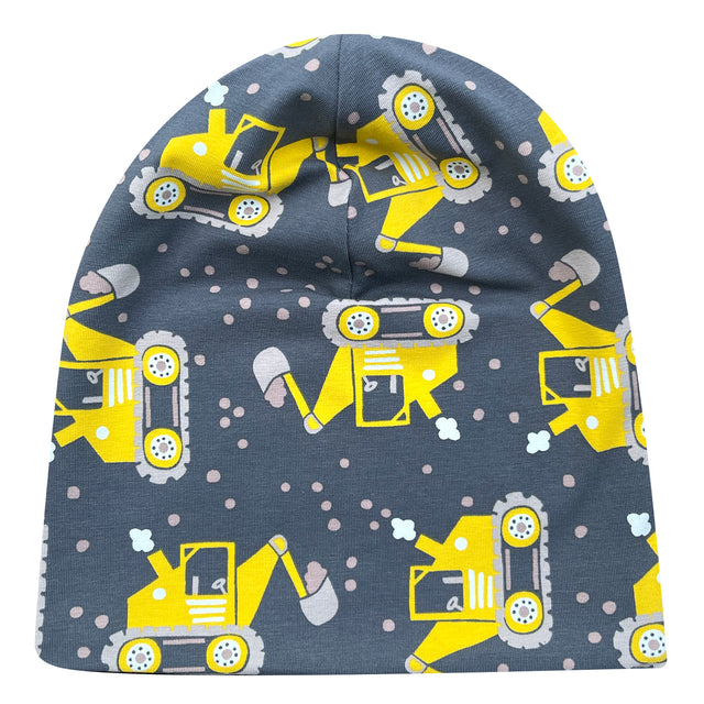 Wollhuhn Öko Long Beanie, zweilagig, mit gelben Bagger-Motiven. Bequeme, wendbare Mütze aus weichem Jersey, ideal für Kinder und Jugendliche.