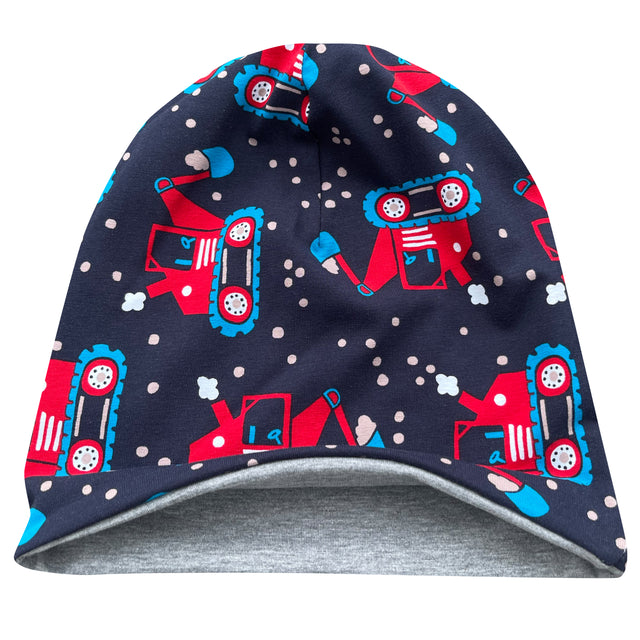 Wollhuhn Öko Long Beanie, zweilagig, mit Bagger-Muster in Dunkelblau/Rot, ideal für das ganze Jahr. Handgefertigt aus weichem Baumwolljersey, wendbar für vielseitigen Tragekomfort.