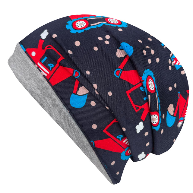 Wollhuhn Öko Long Beanie/Wendemütze: Schwarze Mütze mit roten und blauen Fahrzeugen, aus weichem, formbeständigem Baumwolljersey, zweilagig, für ganzjähriges Tragen geeignet.