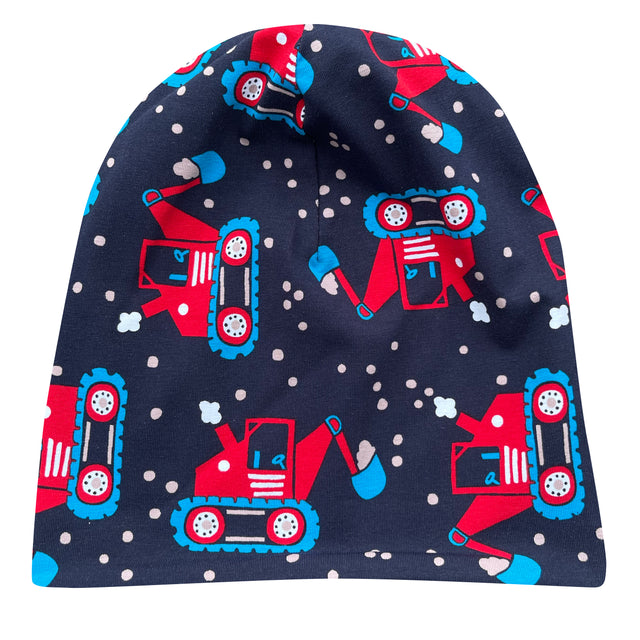 Wollhuhn Öko Long Beanie / Wendemütze mit Muster, aus weichem Baumwolljersey, zweilagig, komfortabel und dehnbar, handgefertigt in Deutschland für ganzjährigen Gebrauch.