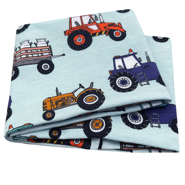 Wollhuhn Elastisches Öko Stirnband/Haarband Jersey Zweilagig Breit mit Traktor/Trecker-Motiv, handgefertigt aus weichem, dehnbarem Jersey, ideal für Sport und Alltag.