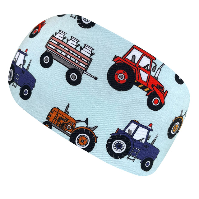 Wollhuhn Elastisches Öko Stirnband mit Traktormotiven, handgefertigt aus weichem Jersey, ideal für Kinder und Erwachsene, vielseitig tragbar als Stirn- oder Haarband.