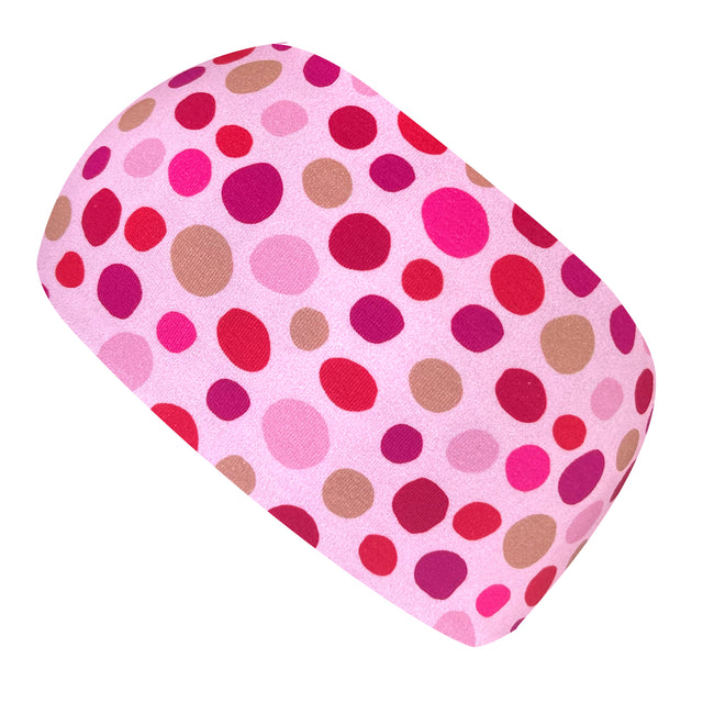 Wollhuhn Elastisches Öko Stirnband in Rosa mit roten Punkten, handgemacht aus weichem, dehnbarem Jersey, ideal für Outdoor-Aktivitäten und stilvolle Alltagslooks.