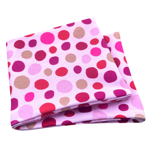 Wollhuhn Elastisches Öko Stirnband aus Jersey, zweilagig und breit, mit rosa und roten Punkten, handgefertigt und ideal für vielseitige Anwendungen.