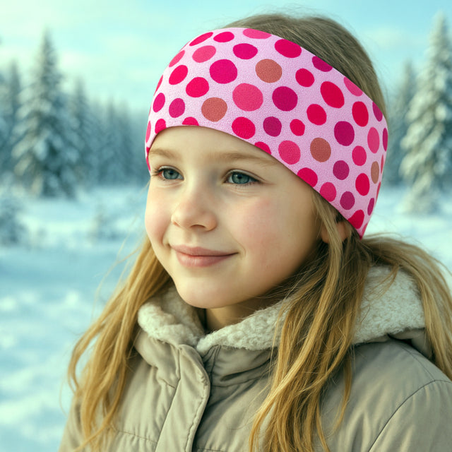 Mädchen trägt Wollhuhn Elastisches Öko Stirnband Jersey, zweilagig und breit, mit rosa Punkten, ideal für Outdoor-Aktivitäten, handgemacht aus Bio-Baumwolle.