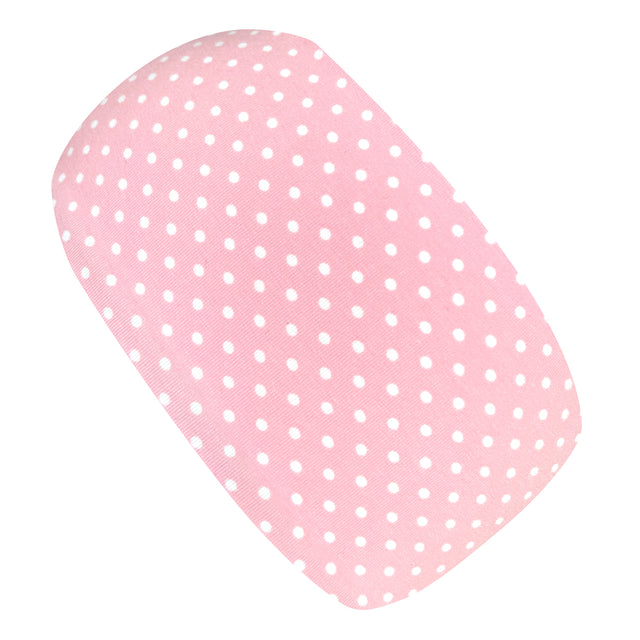 Wollhuhn Elastisches Öko Stirnband: Zweilagig, rosa/weiß mit Pünktchen, handgemacht aus Bio-Baumwolle für vielseitigen Tragekomfort und stilvollen Schutz.