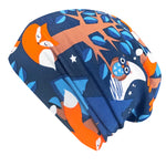 Wollhuhn Öko Long Beanie / Wendemütze, Ganzjährig, Zweilagig,  Nightfox Füchse Dunkelblau/Orange