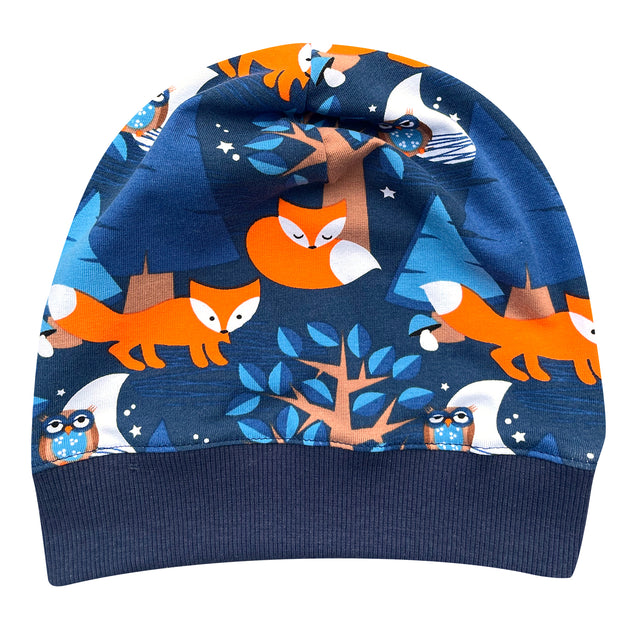 Wollhuhn Dünne Öko Beanie-Mütze Sommer/Übergang Einlagig Nightfox Füchse Blau/Orange, handgemacht, bequem, dehnbar, ideal für Kinder, mit wachsenden, elastischen Bündchen.