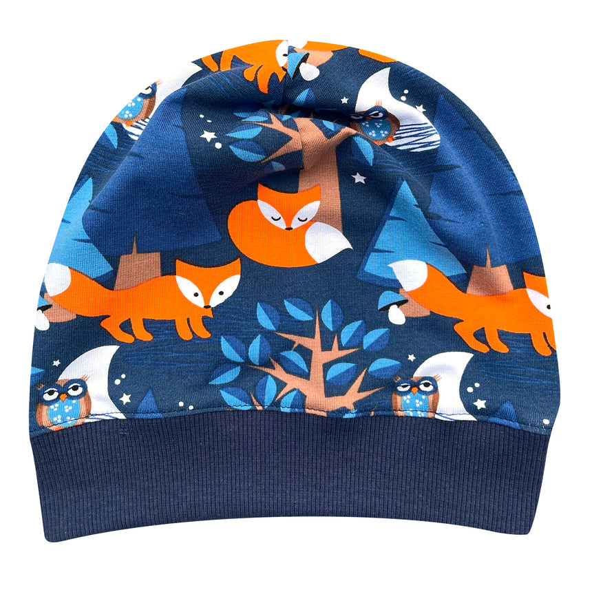 Wollhuhn Dünne Öko Beanie-Mütze Sommer/Übergang Einlagig Nightfox Füchse Blau/Orange, handgemacht, bequem, dehnbar, ideal für Kinder, mit wachsenden, elastischen Bündchen.