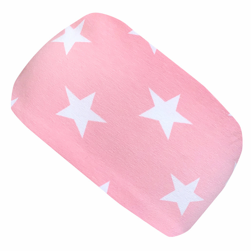 Wollhuhn Elastisches Öko Stirnband aus Jersey, zweilagig, breit, mit rosa-weißem Sternenmuster, handgemacht, ideal für Kinder und Erwachsene.
