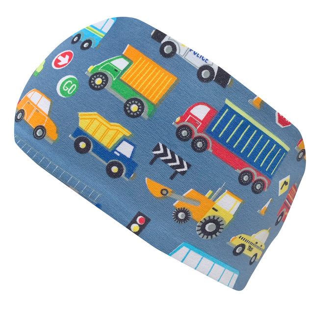 Wollhuhn Elastisches Öko Stirnband, zweilagig, breit, mit Autos, aus Bio-Baumwolle, ideal für Sport und Freizeit, handgefertigt in Deutschland.
