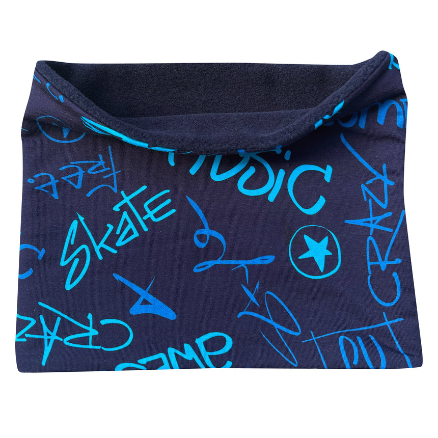 Wollhuhn Halstuch / Schlupfschal / Loop WARM, Innen Fleece, Cool Music Blau, handgemacht, doppellagig, für Kinder und Erwachsene, angenehm und kuschelig für kalte Tage.