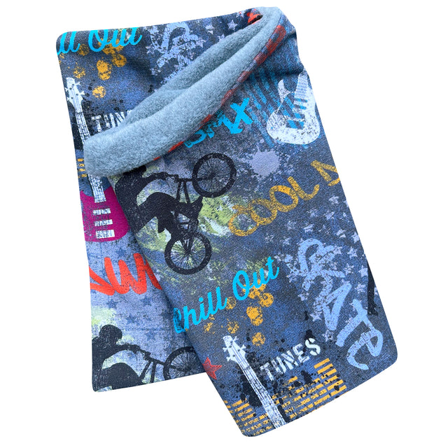 Wollhuhn Halstuch / Schlupfschal WARM, Innen Fleece, mit Fahrradmuster, handgemacht in Deutschland für Kinder und Erwachsene, kuschelig und ideal für kalte Tage.