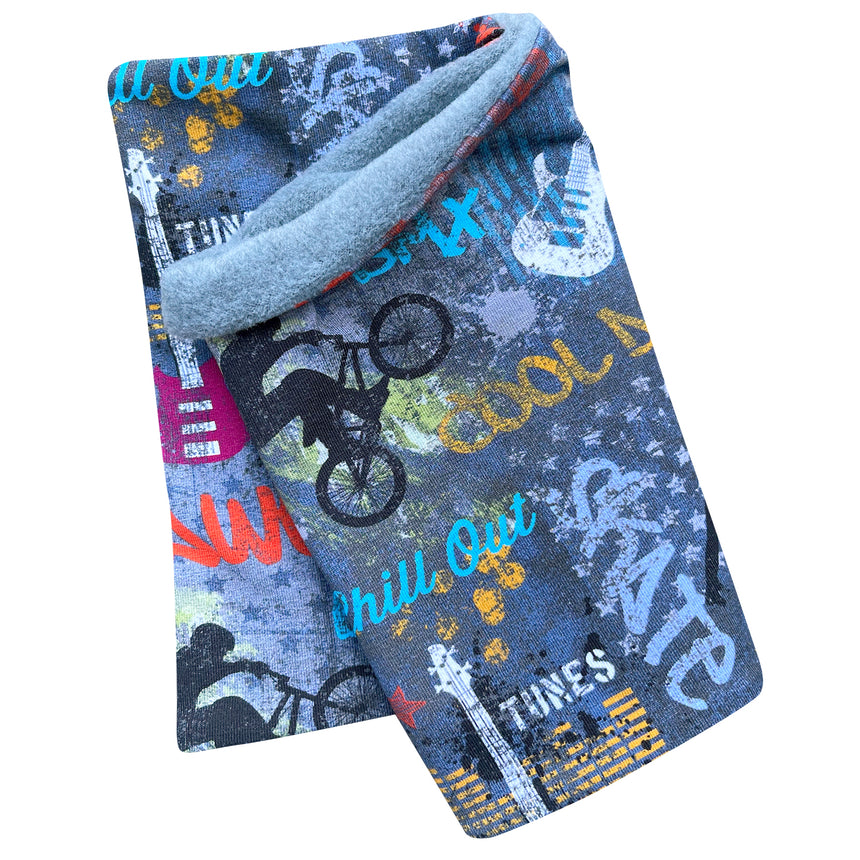 Wollhuhn Halstuch / Schlupfschal WARM, Innen Fleece, mit Fahrradmuster, handgemacht in Deutschland für Kinder und Erwachsene, kuschelig und ideal für kalte Tage.