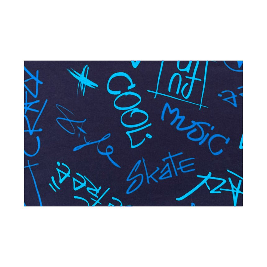 Wollhuhn Leichtes Lockeres Öko Jersey Halstuch/Schlupfschal Cool Music Blau mit graffiti-artigem Muster, handgefertigt aus weichem, hautfreundlichem Öko-Jersey, ideal für Übergangszeiten.