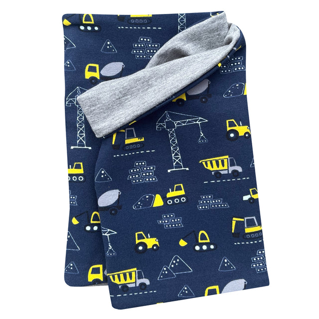 Wollhuhn Leichtes Öko Jersey Halstuch für Kinder mit Baustellenmuster, handgemacht, dehnbar und angenehm zu tragen, ideal für den Übergang und Sommer.