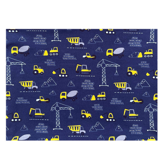 Wollhuhn Leichtes / Lockeres Öko Jersey Halstuch/Schlupfschal, dunkelblau mit Baustellenmotiven wie Baggern, handgemacht in Deutschland, weich und dehnbar für Kinder.