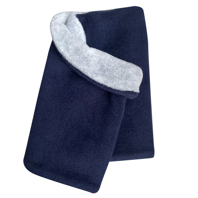 Wollhuhn WINTER Halstuch/Schlupfschal „Unser Wärmster“, doppellagiger Fleece, ideal für Kinder und Erwachsene, in Dunkelblau/Hellgrau, handgefertigt in Deutschland.