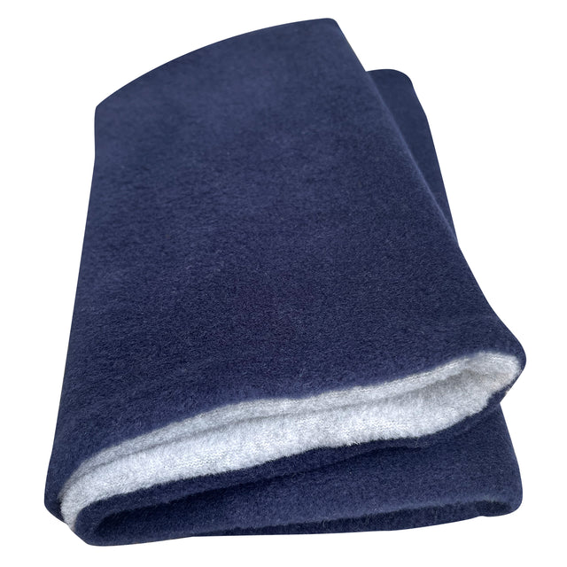 Wollhuhn WINTER Halstuch/Schlupfschal „Unser Wärmster“, doppellagiger Fleece, dunkelblau/hellgrau, handgenäht, warm, kuschelig, ideal für Kinder und Erwachsene.