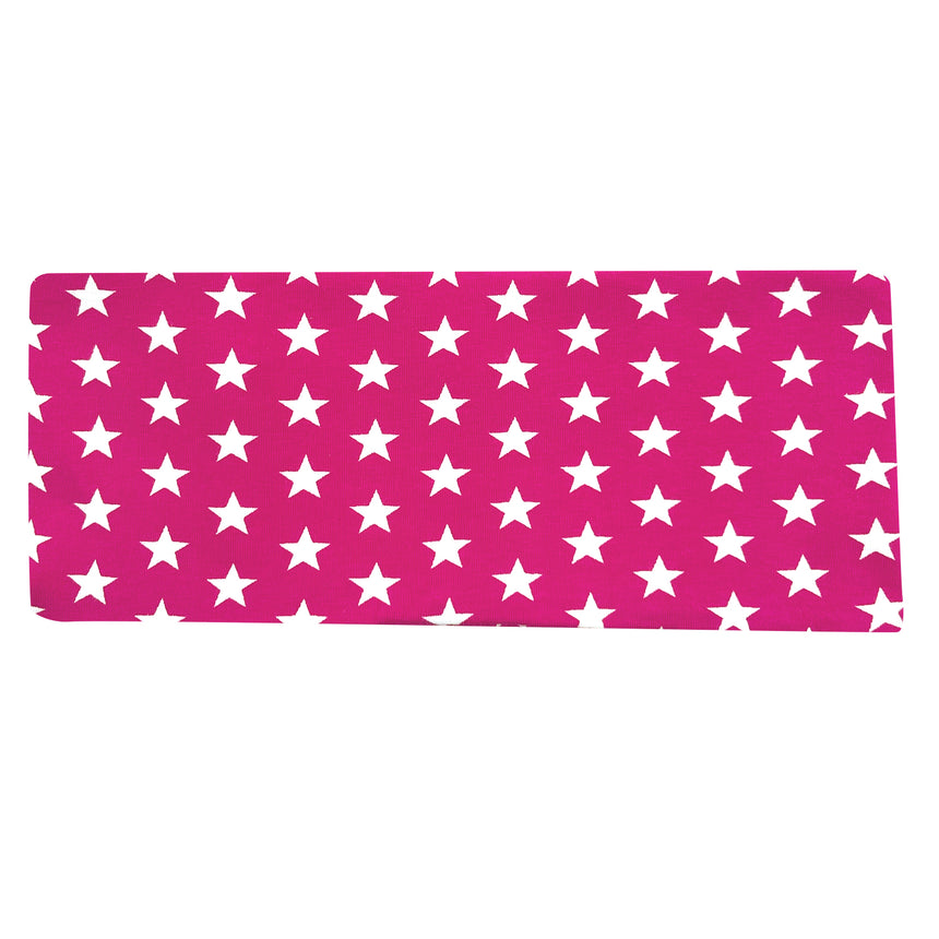 Wollhuhn Elastisches Öko Stirnband/Haarband Jersey Zweilagig Breit Ministernchen Pink/Weiß – handgemachtes, weiches Stirnband mit weißen Sternen, ideal für Alltag und Sport.