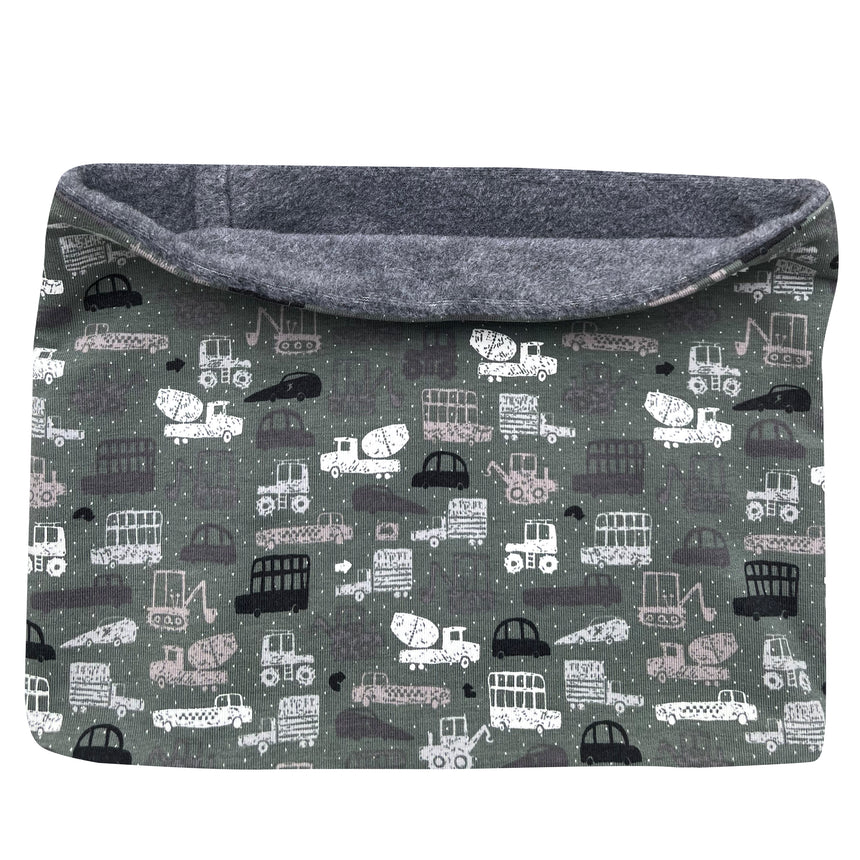 Wollhuhn Halstuch / Schlupfschal / Loop WARM mit Fleece, bedruckt mit Autos und Baufahrzeugen, handgefertigt, ideal für empfindliche Haut, vielseitig für Kinder und Erwachsene.