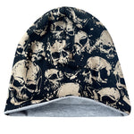 Wollhuhn Öko Long Beanie / Wendemütze, Ganzjährig, Zweilagig,  Coole Skulls Taupe/Schwarz