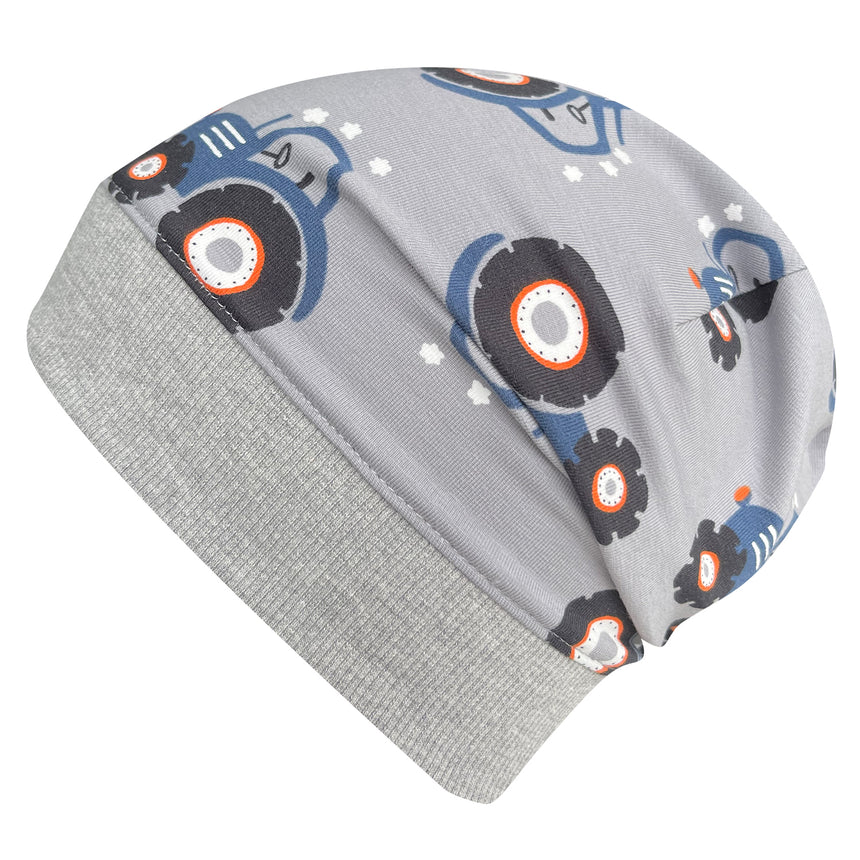 Wollhuhn Dünne Öko Beanie-Mütze mit Roboterdesign, handgemacht aus dehnbarem Öko-Jersey, ideal für Übergangszeit und sportliche Aktivitäten.