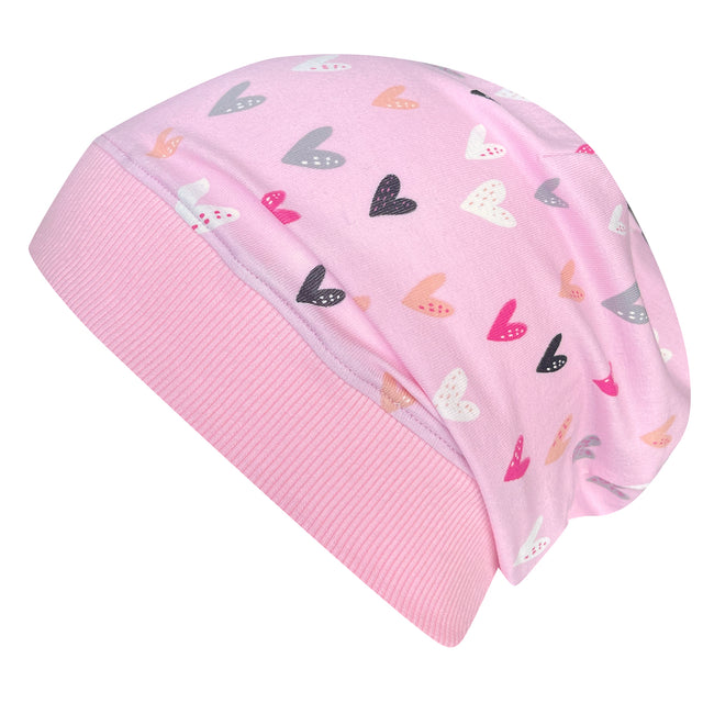 Wollhuhn Dünne Öko Beanie-Mütze Sommer/Übergang Einlagig Herzen Rosa: Handgemachte, elastische Beanie mit Herzmuster, ideal für kühle Tage. Bequem und sanft zur Kinderhaut.