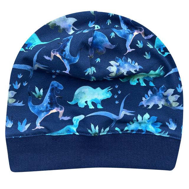 Wollhuhn Dünne Öko Beanie-Mütze Sommer/Übergang Einlagig Dinos Blau: Handgemachte, elastische Beanie mit Dinosaurier-Muster, ideal für Kinder, bequem und atmungsaktiv.