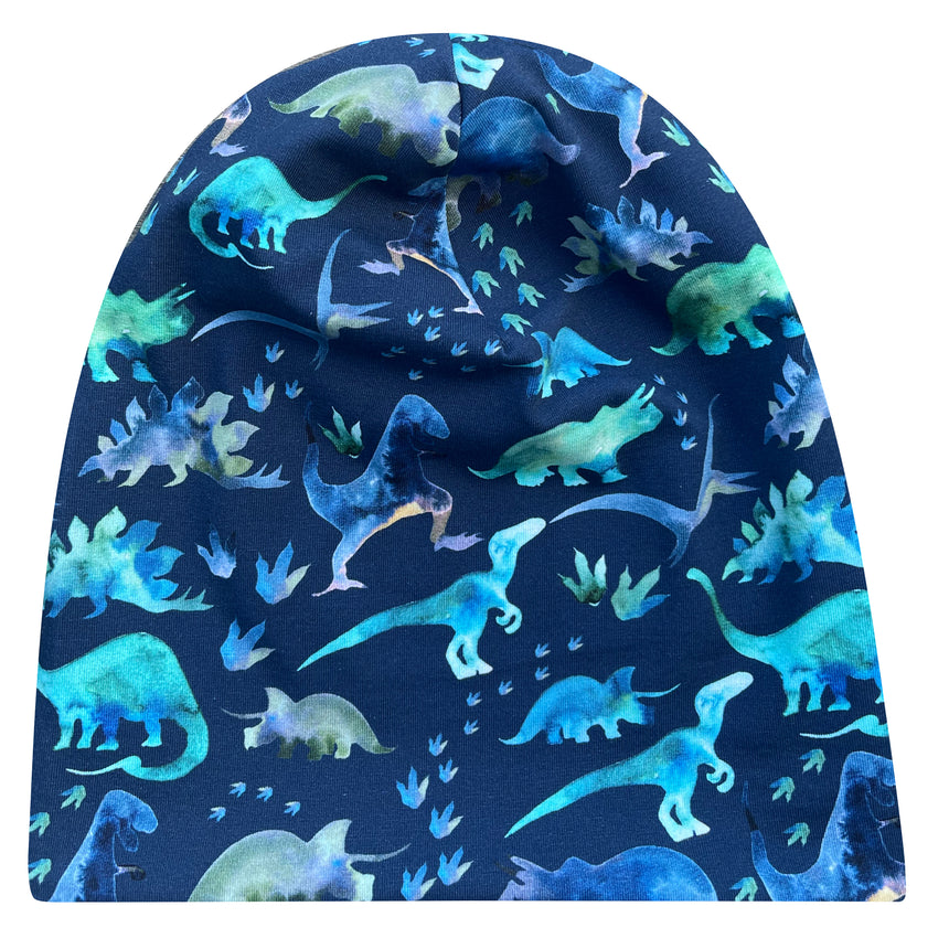 Wollhuhn Öko Long Beanie in Blau mit Dinosauriermuster, aus weichem, zweilagigem Baumwolljersey, ideal für ganzjährigen Tragekomfort und wendbar.