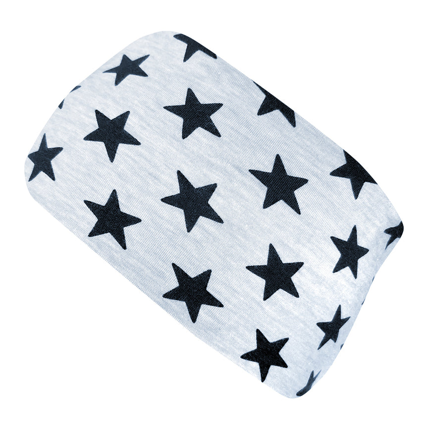 Wollhuhn Elastisches Öko Stirnband / Haarband Jersey Zweilagig Breit RS Sterne Hellgrau mit schwarzen Sternen, weich und dehnbar, ideal für Outdoor-Aktivitäten.